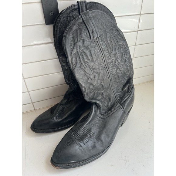 VTG Stitched Cowboy Boots Mens 10.5 EW Black Leather USA Western Pull On Wide - Picture 3 of 9
